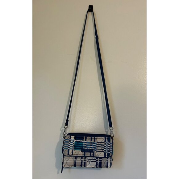 Vera Bradley Crossbody Wallet Purse Bag Blue Beige Geometric Print Quilted Trave - Picture 3 of 12